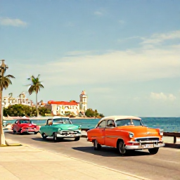Caribbean Holidays, Cuba Instagram Hotspots, Colourful classic American cars driving along the seafront promenade in Havana, Cuba, in warm November sunshine