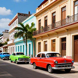 Caribbean Holidays, Cuba Instagram Hotspots, Colourful classic American cars parked along a sunny street in Havana, Cuba, with pastel colonial buildings and palm trees
