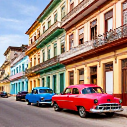 Caribbean Holidays, Cuba Instagram Hotspots, Colourful classic cars and pastel colonial buildings along a lively street in Old Havana, Cuba, photographed in warm October light