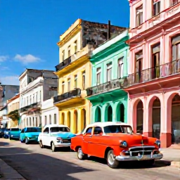 Caribbean Holidays, Cuba Instagram Hotspots, Colourful classic cars and pastel colonial buildings along a sunny Havana street, Cuba
