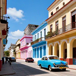 Caribbean Holidays, Cuba Instagram Hotspots, Colourful classic cars and pastel colonial buildings on a sunny street in Old Havana, Cuba