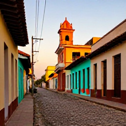 Caribbean Holidays, Cuba Instagram Hotspots, Colourful Cuban street scene in Trinidad with cobbled road, colonial homes and warm evening light