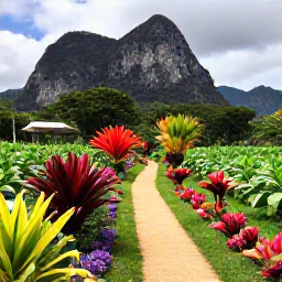 Caribbean Holidays, Cuba Instagram Hotspots, Colourful tropical garden in Vi&ntilde;ales Valley, Cuba, with dramatic limestone mountains, tobacco fields and a small rural path