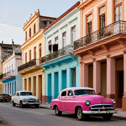 Caribbean Holidays, Cuba Instagram Hotspots, Colourful vintage cars and pastel colonial buildings lining a lively street in Old Havana, Cuba, in warm morning light