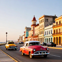 Caribbean Holidays, Cuba Instagram Hotspots, Colourful vintage cars driving along the Malec&oacute;n in Havana at golden hour, with pastel colonial buildings and the sea