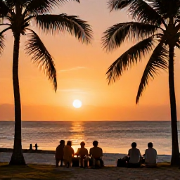 Caribbean Holidays, Cuba Instagram Hotspots, Cuban sunset over the sea, with warm orange light, palm silhouettes and a relaxed group enjoying the evening