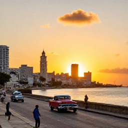 Caribbean Holidays, Cuba Instagram Hotspots, Golden sunset over Havana's Malec&oacute;n seawall with local people and classic cars in the foreground