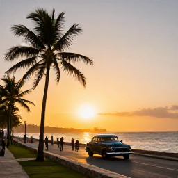 Caribbean Holidays, Cuba Instagram Hotspots, Golden sunset over Havana&rsquo;s Malec&oacute;n seawall with locals, palm trees and vintage cars beside the Caribbean Sea