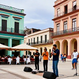 Caribbean Holidays, Cuba Instagram Hotspots, Local Cuban musicians performing outdoors in a lively Havana square, surrounded by colourful buildings, caf&eacute; tables and visitors taking photographs