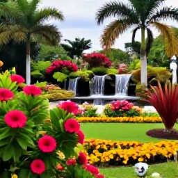 Caribbean Holidays, Cuba Instagram Hotspots, Lush tropical garden with colourful flowers, palm trees and a small waterfall near Vi&ntilde;ales, Cuba