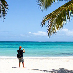Caribbean Holidays, Cuba Instagram Hotspots, Palm-fringed tropical beach with clear turquoise water, white sand and a traveller taking photographs in Varadero, Cuba