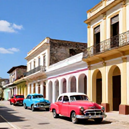 Caribbean Holidays, Cuba Instagram Hotspots, Pastel colonial buildings and colourful vintage cars in the streets of Trinidad, Cuba, under clear February sunshine