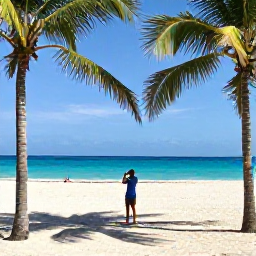 Caribbean Holidays, Cuba Instagram Hotspots, Turquoise Caribbean sea, white sand beach, palm trees and a traveller taking photographs at Varadero, Cuba, on a sunny October day