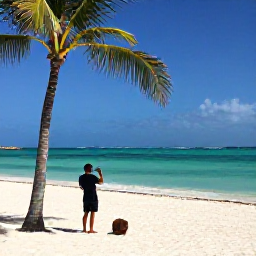 Caribbean Holidays, Cuba Instagram Hotspots, White sandy beach and clear turquoise water at Varadero, Cuba, with palm trees and a relaxed traveller photographing the coastline