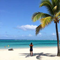 Caribbean Holidays, Cuba Instagram Hotspots, White sandy beach and clear turquoise water at Varadero, Cuba, with palm trees and a traveller photographing the shoreline