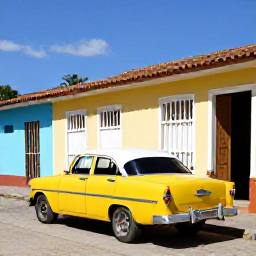 Caribbean Holidays, Cuba Instagram Spots, A bright yellow classic American car parked beside colourful colonial buildings in Trinidad, Cuba, under clear January sunshine