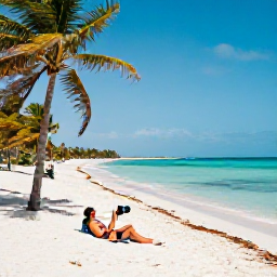 Caribbean Holidays, Cuba Instagram Spots, A quiet white-sand beach in Varadero with clear turquoise water, palm trees and a traveller taking a relaxed photograph