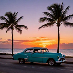 Caribbean Holidays, Cuba Instagram Spots, A vintage turquoise American car driving along Havana's Malec&oacute;n at sunset, with the sea, palm trees and colourful sky in the background