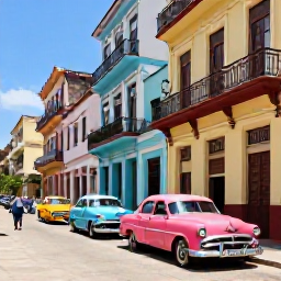 Caribbean Holidays, Cuba Instagram Spots, Colourful classic American cars parked along a sunny street in Old Havana, with pastel colonial buildings and lively local atmosphere
