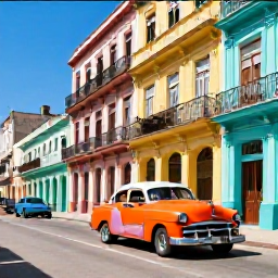 Caribbean Holidays, Cuba Instagram Spots, Colourful classic cars and pastel colonial buildings in bright Havana sunshine, lively street photography scene
