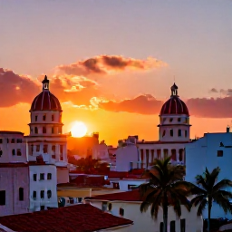 Caribbean Holidays, Cuba Instagram Spots, Colourful sunset over Havana rooftops with palm trees, historic domes and warm Caribbean light