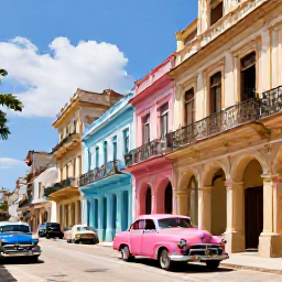 Caribbean Holidays, Cuba Instagram Spots, Colourful vintage American cars and pastel colonial buildings along a sunny street in Havana, Cuba