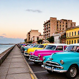 Caribbean Holidays, Cuba Instagram Spots, Colourful vintage American cars lined up along the Malec&oacute;n in Havana at sunset, with the sea and historic buildings behind