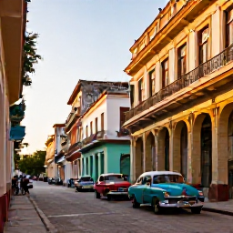 Caribbean Holidays, Cuba Instagram Spots, Golden-hour street scene in Old Havana, Cuba, with colourful classic cars, colonial buildings and warm December sunlight