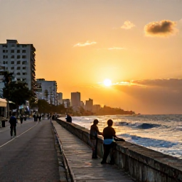 Caribbean Holidays, Cuba Instagram Spots, Golden sunset over the Malec&oacute;n sea wall in Havana, locals chatting and waves breaking beside the road