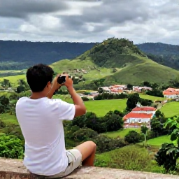 Caribbean Holidays, Cuba Instagram Spots, Traveller taking a photograph from the viewpoint at El Valle de los Ingenios near Trinidad, Cuba, with green hills and historic countryside