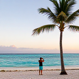 Caribbean Holidays, Cuba Instagram Spots, Turquoise Caribbean sea, white sand beach, palm trees and a relaxed traveller taking photographs at sunrise