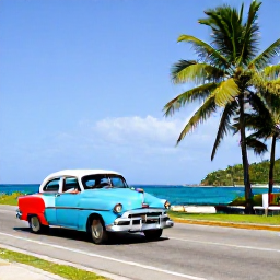Caribbean Holidays, Cuba January Adventure, A colourful classic Cuban car driving along a palm-lined coastal road in bright January sunshine