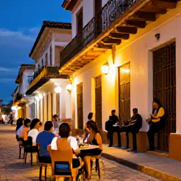 Caribbean Holidays, Cuba January Adventure, A relaxed Cuban evening with travellers dining outdoors beside a warmly lit colonial street and musicians playing nearby