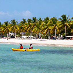 Caribbean Holidays, Cuba January Adventure, Visitors kayaking in calm turquoise water beside a tropical Cuban coastline with white sand and palm trees
