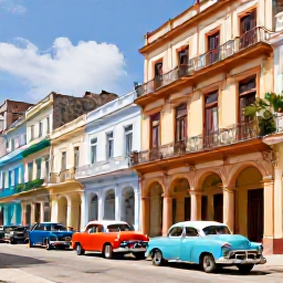 Caribbean Holidays, Cuba January Holidays, Colourful classic American cars and pastel colonial buildings in Havana, Cuba, in warm January sunshine