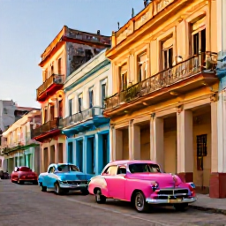 Caribbean Holidays, Cuba January Holidays, Colourful classic American cars on a Havana street with colonial buildings, balconies and warm evening light