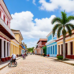 Caribbean Holidays, Cuba January Holidays, Colourful colonial streets and cobbled Plaza Mayor in Trinidad, Cuba, with bicycles, palm trees and visitors exploring