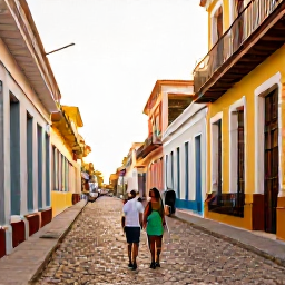 Caribbean Holidays, Cuba January Holidays, Couple exploring colourful colonial streets in Trinidad, Cuba, with cobbled road, historic buildings and warm afternoon light