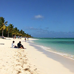 Caribbean Holidays, Cuba January Holidays, Cuban beach with calm turquoise water, pale sand and palm trees, with travellers relaxing after a cultural tour