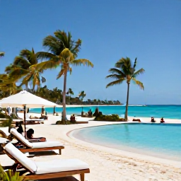 Caribbean Holidays, Cuba January Holidays, Elegant all-inclusive Cuban resort beside a tropical beach, with swimming pool, loungers, palm trees and guests enjoying January sunshine