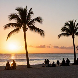 Caribbean Holidays, Cuba January Holidays, Relaxed Cuban beach resort at sunset with palm trees, calm sea, warm golden light and guests enjoying an evening holiday atmosphere