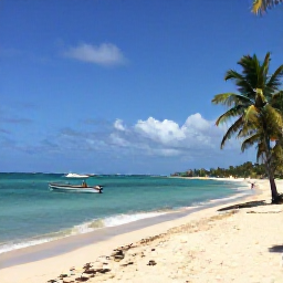 Caribbean Holidays, Cuba January Holidays, Relaxed Cuban beach scene in January with clear turquoise water, pale sand, palm trees and a small fishing boat