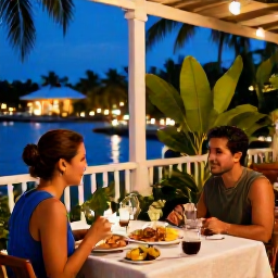 Caribbean Holidays, Cuba January Holidays, Romantic Cuban dinner for two on a terrace, tropical plants, local dishes and evening lights in the background