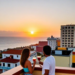 Caribbean Holidays, Cuba January Holidays, Romantic sunset over the Caribbean Sea viewed from a Havana rooftop, couple sharing drinks with colourful city buildings in the background