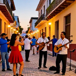 Caribbean Holidays, Cuba January Holidays, Traditional Cuban musicians performing son music in a lively Havana courtyard with dancing locals and warm evening light