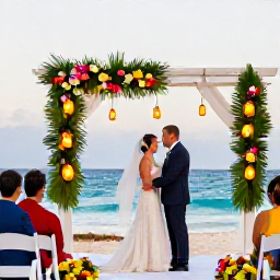 Caribbean Holidays, Cuba January Weddings, Bride and groom celebrating with family at a Cuban beachfront wedding reception, decorated with tropical flowers and lanterns