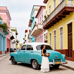 Caribbean Holidays, Cuba January Weddings, Couple exploring colourful Old Havana streets beside a classic vintage car after their wedding