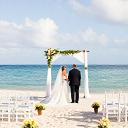 Caribbean Holidays, Cuba January Weddings, Elegant beach wedding ceremony in a Cuban resort, with white chairs, simple flowers and the Caribbean Sea behind the couple