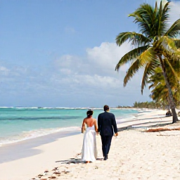 Caribbean Holidays, Cuba January Weddings, Newlyweds walking along a sunlit Cuban beach in January, with turquoise sea, pale sand and gentle palm trees