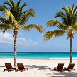 Caribbean Holidays, Cuba Luxury Holidays, A luxurious Cuban beach resort in April with turquoise sea, white sand, palm trees and elegant sun loungers